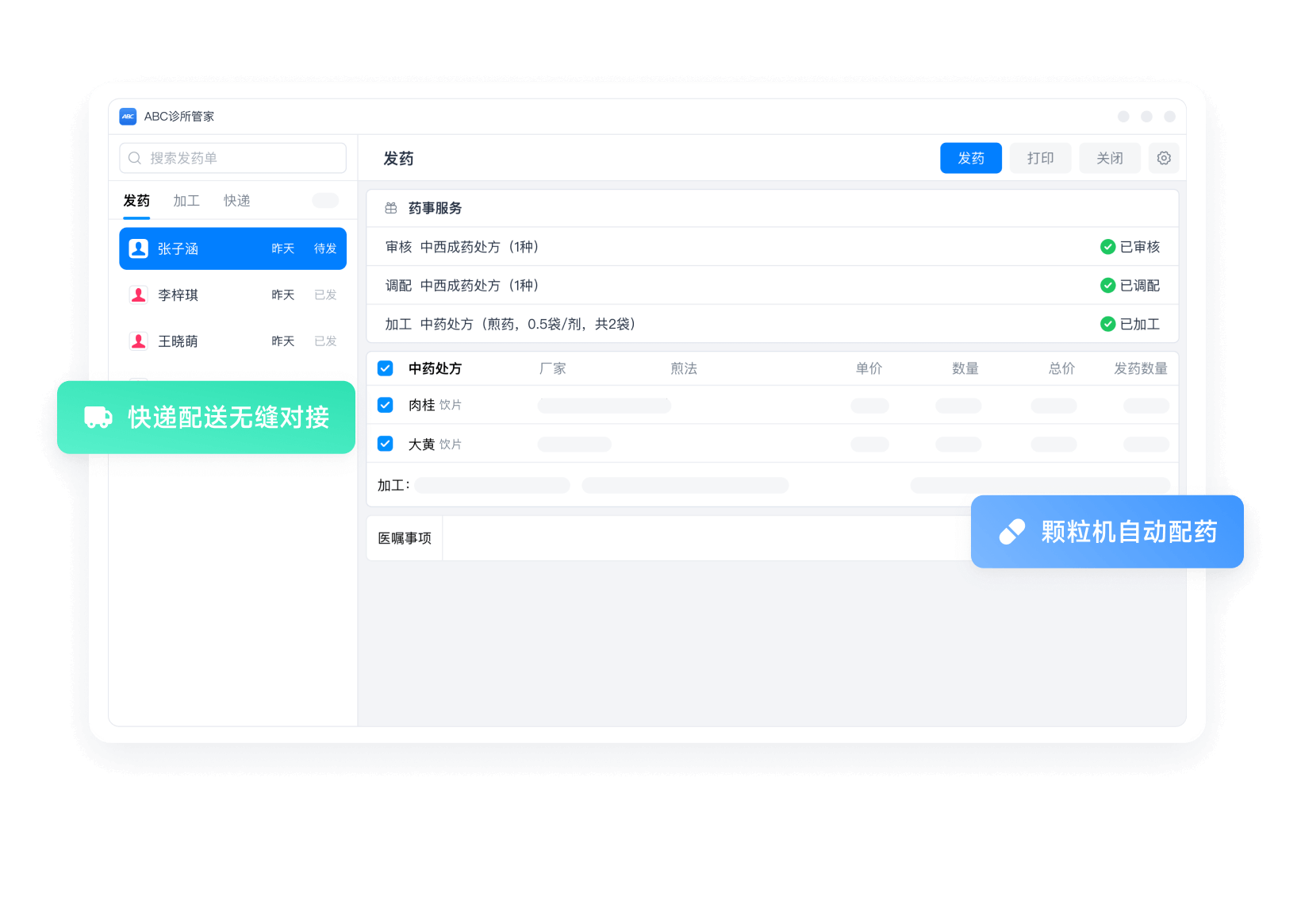 ABC药房管理功能界面示意
